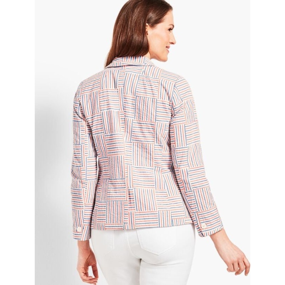Talbots Seersucker Blazer Patchwork Stripe 3/4 Sleeve Career Jacket 2 - Picture 2 of 7